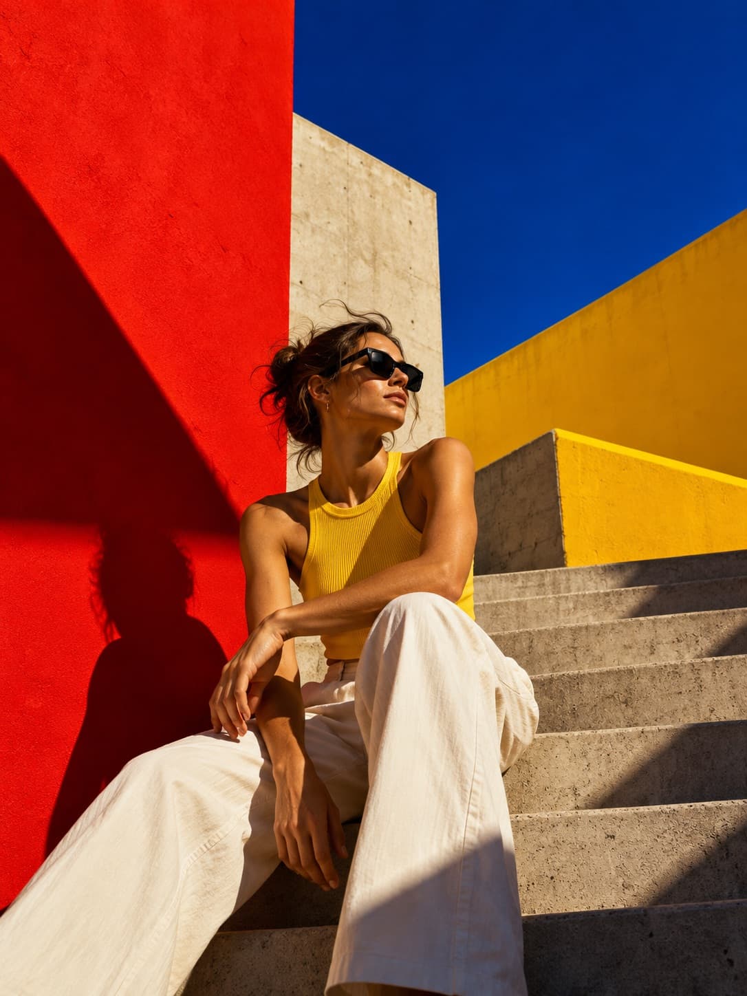 Fotografía conceptual: mujer sentada en una escalinata entre muros rojo, amarillo y azul