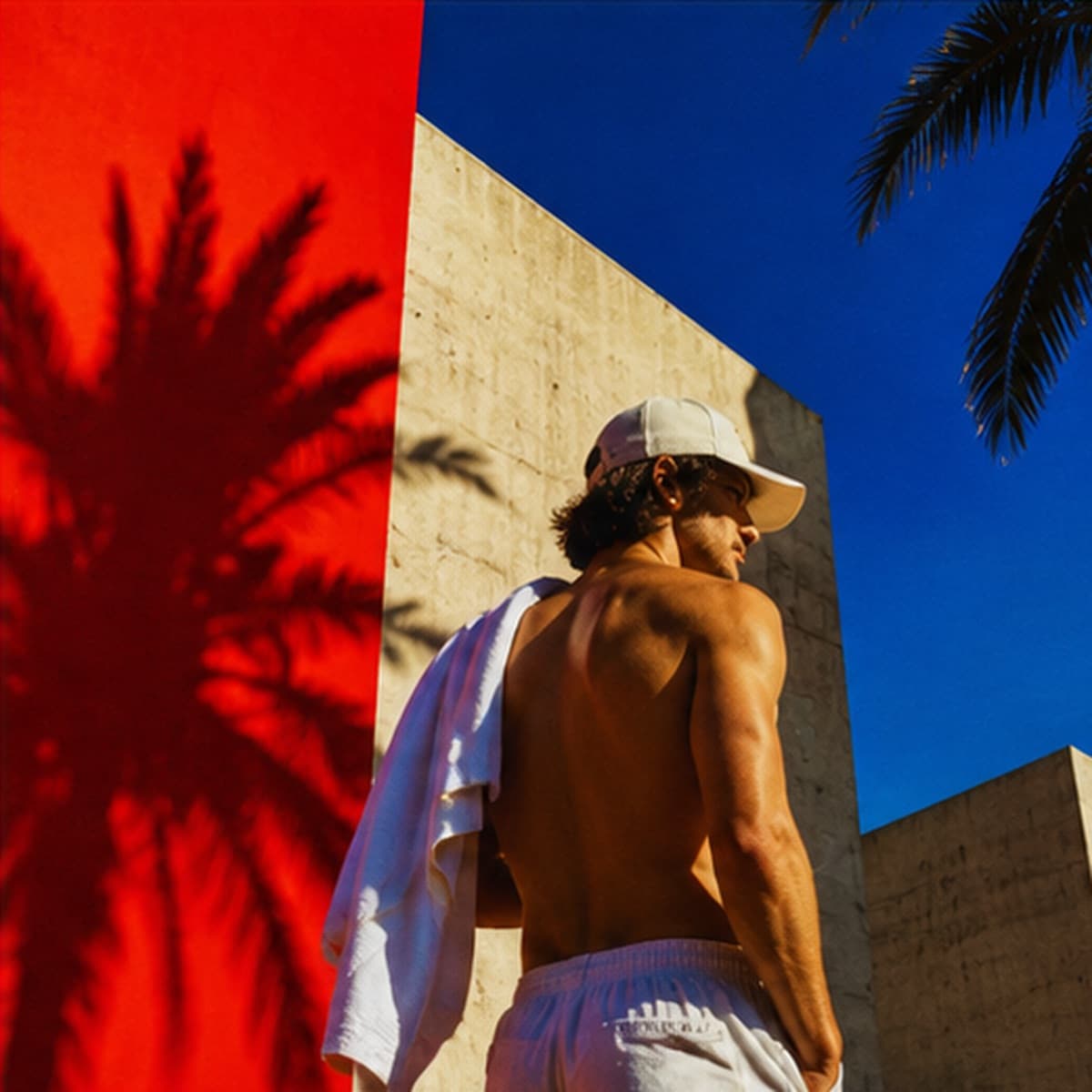 Fotografía conceptual: hombre con gorra blanca frente a un muro rojo y cielo azul