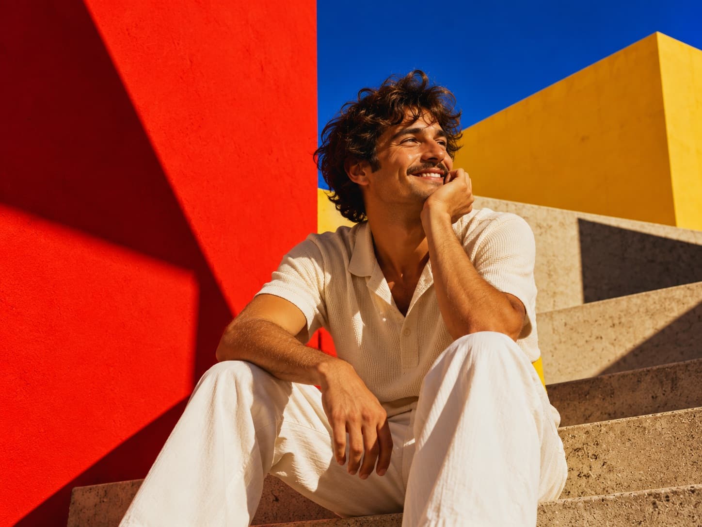 Fotografía conceptual: hombre sonriendo entre bloques arquitectónicos de colores